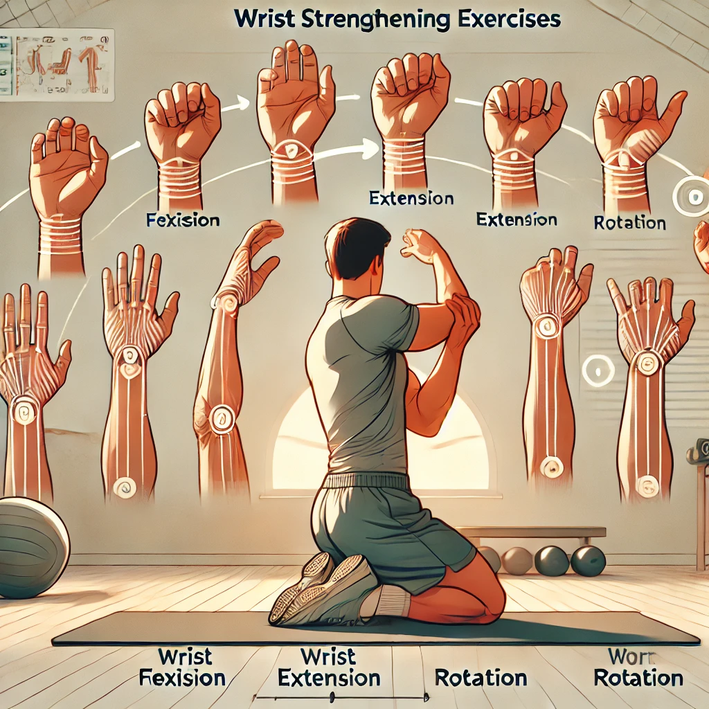 손목 굴곡, 신전, 회전 운동을 단계별로 수행하는 사람의 일러스트