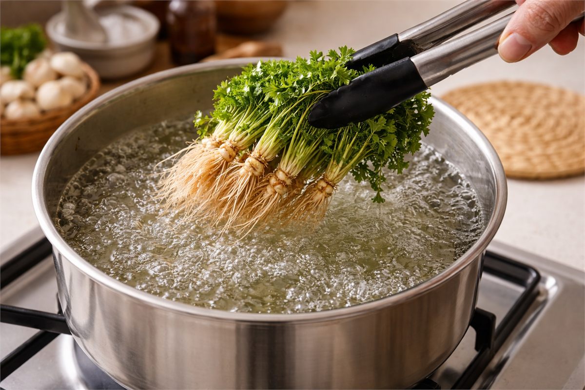 끓는 물에 냉이를 데치는 조리 장면 