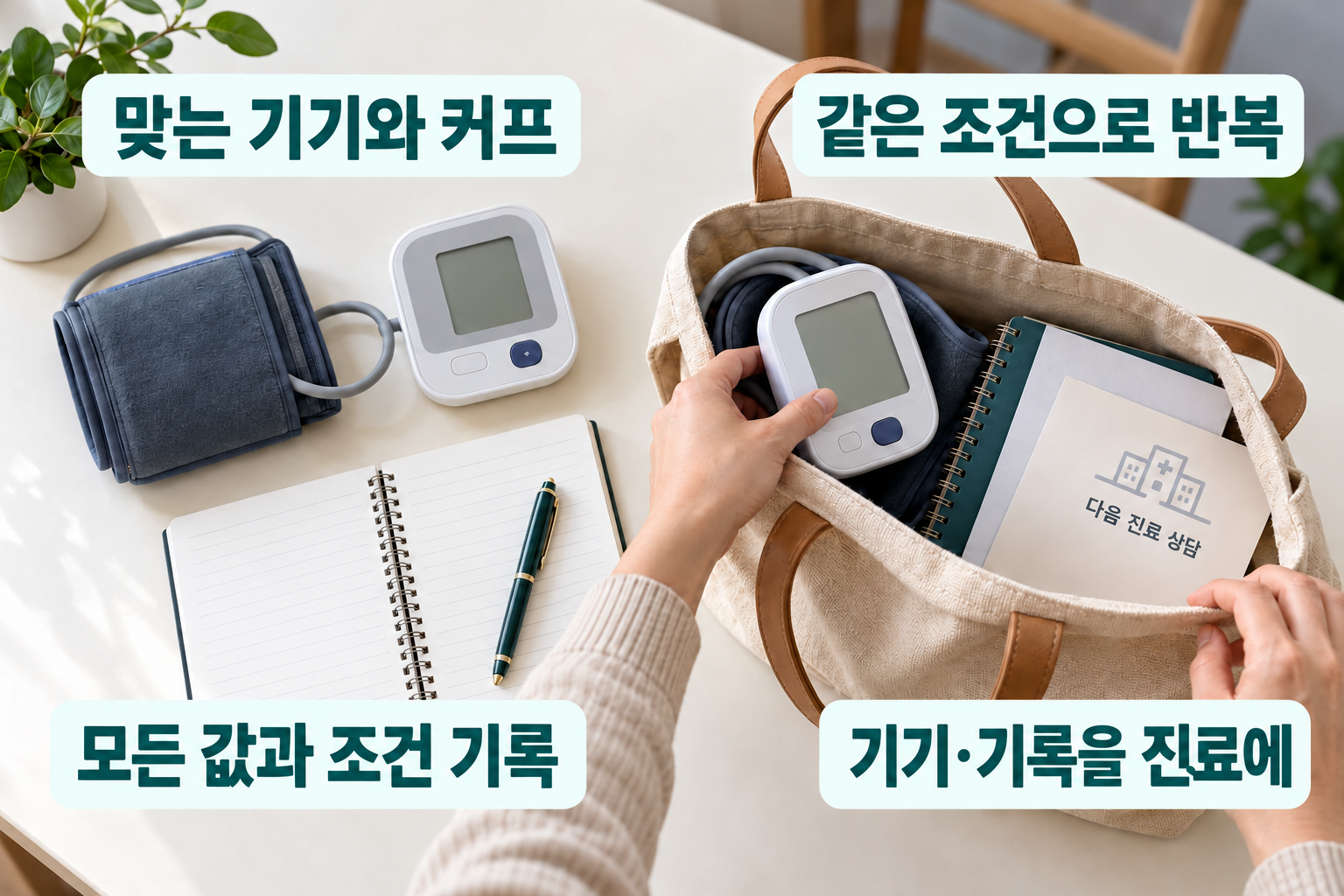 혈압계와 커프, 전체 측정 기록과 진료 메모를 함께 준비하는 구성