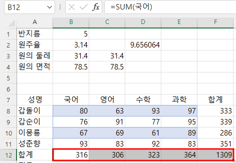 참조 대상을 혼합 참조로 수정후 정확하게 값이 구해진 화면