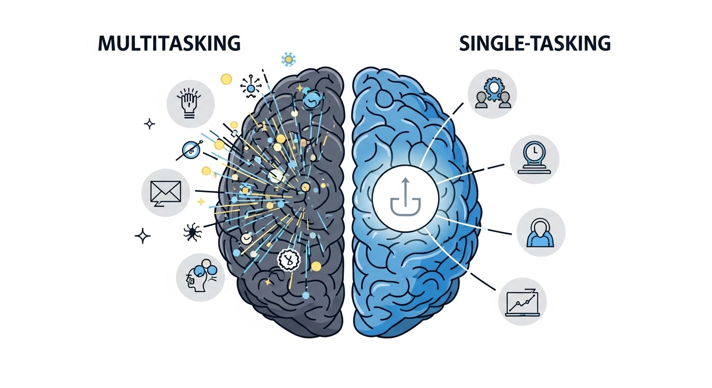 멀티태스킹, 싱글태스킹, 집중력 향상, 생산성 높이기, 업무 효율, 스트레스 감소, 몰입의 힘, 시간 관리, 디지털 디톡스, 뇌 건강
