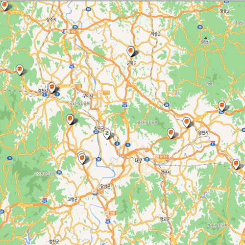 경북 지역의 요소수 거점 주유소의 위치를 지도에 나타낸 화면을 캡쳐한 그림