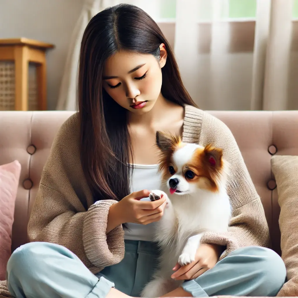 소파에서 반려견이 앞발을 반복적으로 핥는 모습을 걱정스럽게 바라보는 동양인 젊은 여성의 초고해상도 사진