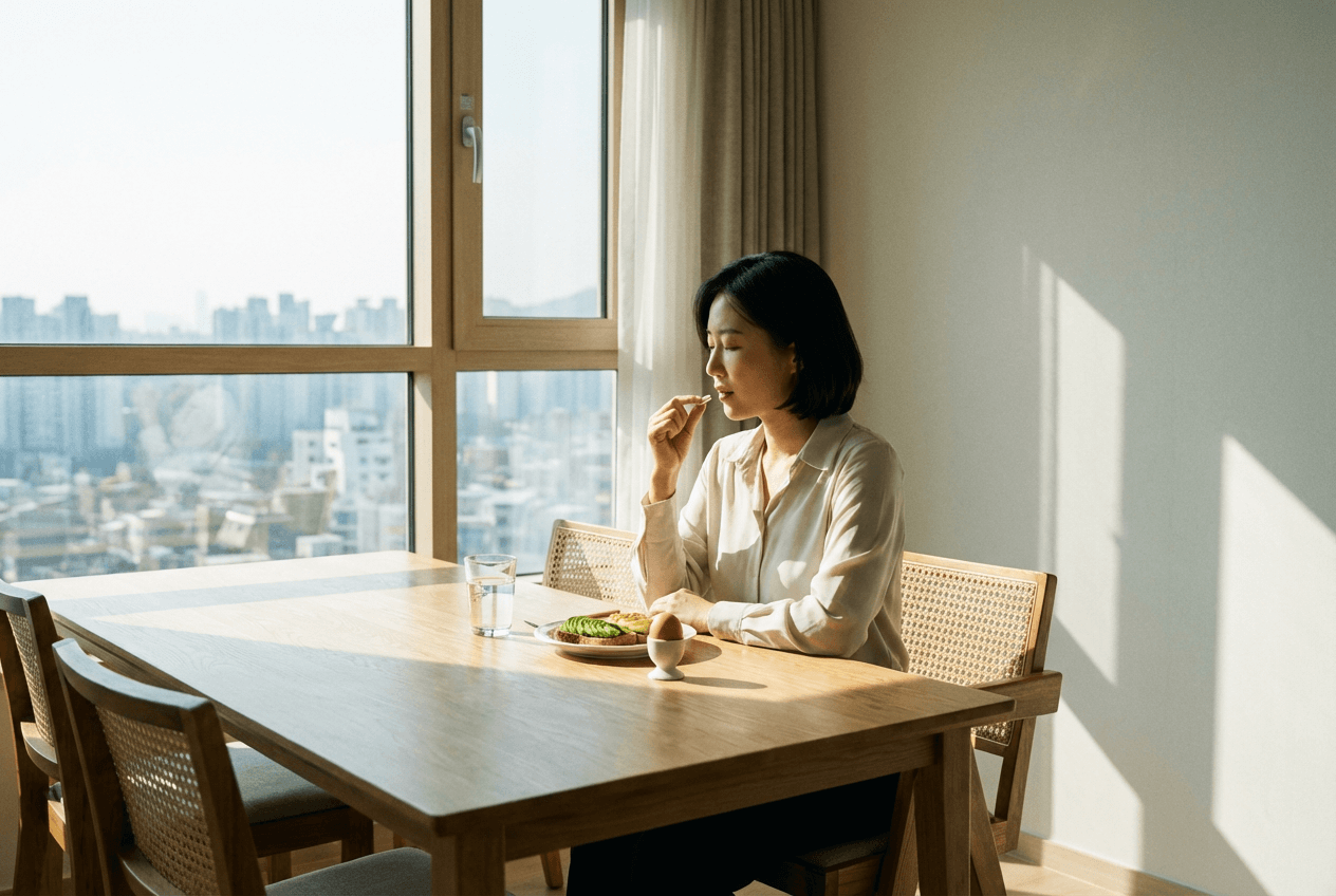 도시 전경이 보이는 창가 식탁에서 한국인 여성이 아침 식사와 함께 물 한 컵을 두고 유산균 캡슐을 입에 가져가며 차분하게 장 건강 루틴을 실천하는 모습.
