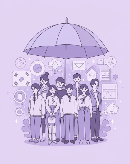 우산 속에 있는 사람들 모습