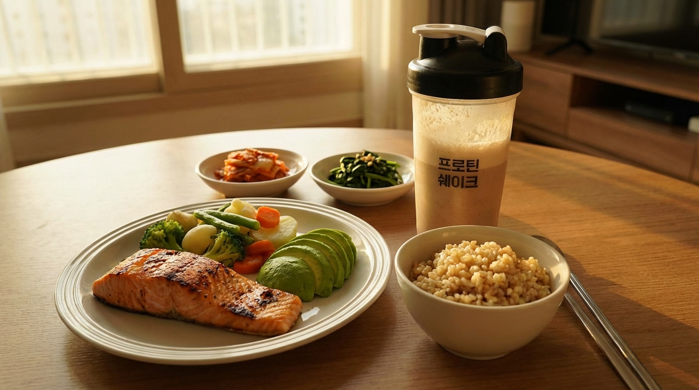 운동 후 근육 회복을 돕는 단백질 위주의 건강 식단 이미지