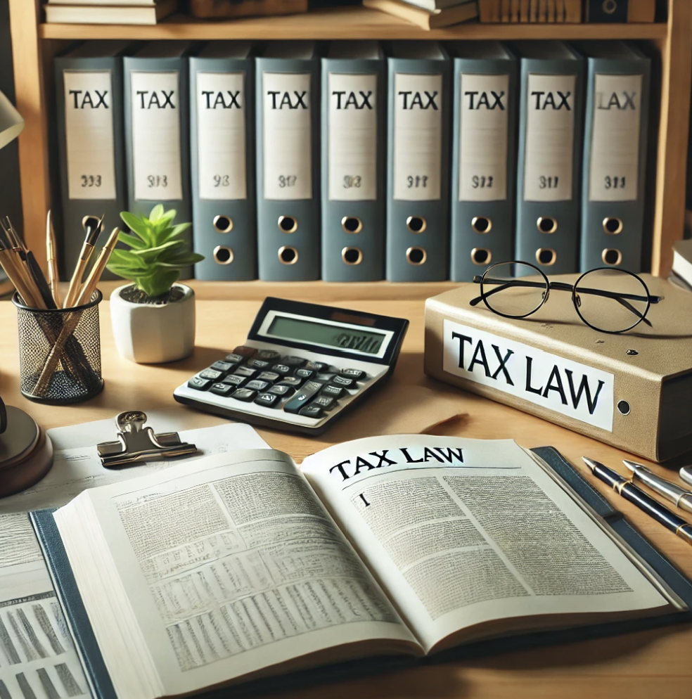 책상 위 세법 관련 서류와 법전이 놓여있는 정돈된 모습"