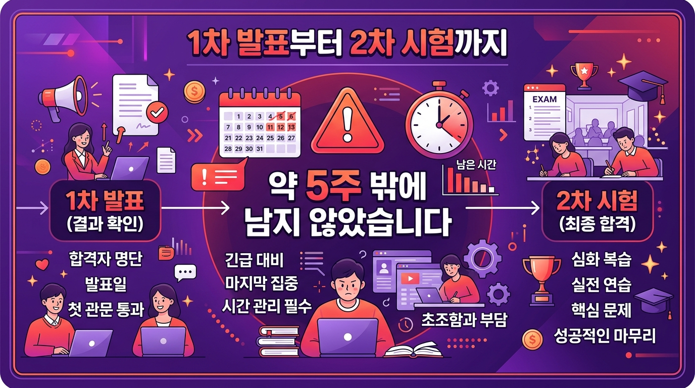 1차 발표부터 2차 시험까지 약 5주라는 짧은 기간을 보여주는 경고 인포그래픽