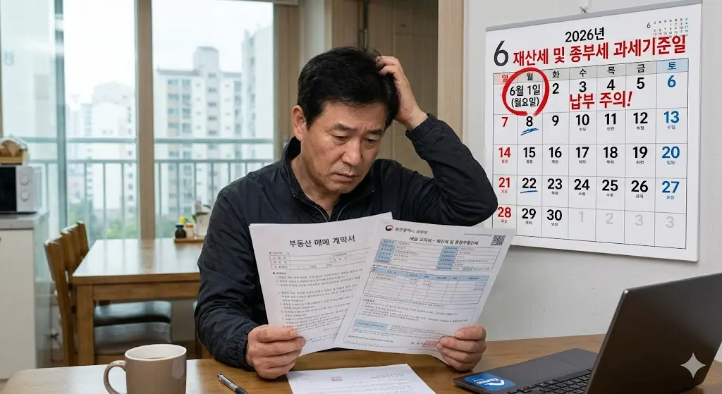 6월 1일 재산세 및 종합부동산세 과세기준일 달력이 붉게 표시된 앞에서 부동산 계약서와 세금 고지서를 보며 고민하는 모습