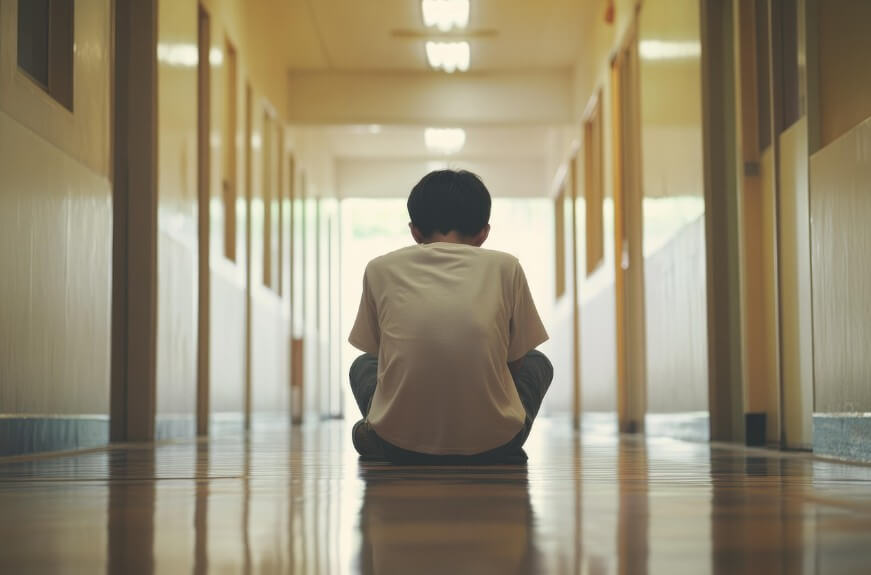 병원 복도에 혼자 주저 앉아 있는 아이