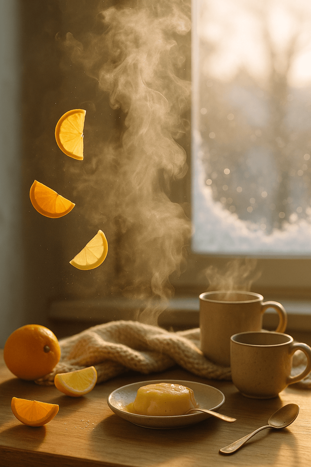 따뜻한 겨울 아침 햇살 속에서 김이 피어오르는 머그잔과 레몬 푸딩, 공중에 떠오른 레몬 조각들이 포근한 분위기를 자아내는 정적인 장면