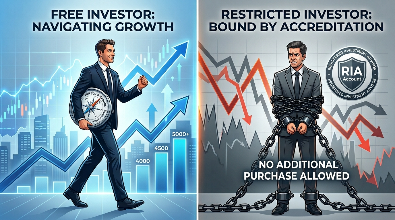 S&P500 미국 주식 적립식 나침반을 쥐고 장기 연금 및 ISA 자산을 불려가는 투자자와, 추가 매수 제한 쇠사슬에 묶여 답답해하는 리아 계좌 가입자의 대조 일러스트
