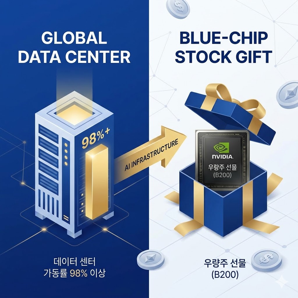 High-tech infographic comparing global data center utilization rates (98%+) with the overwhelming value of NVIDIA’s next-gen B200 chips.