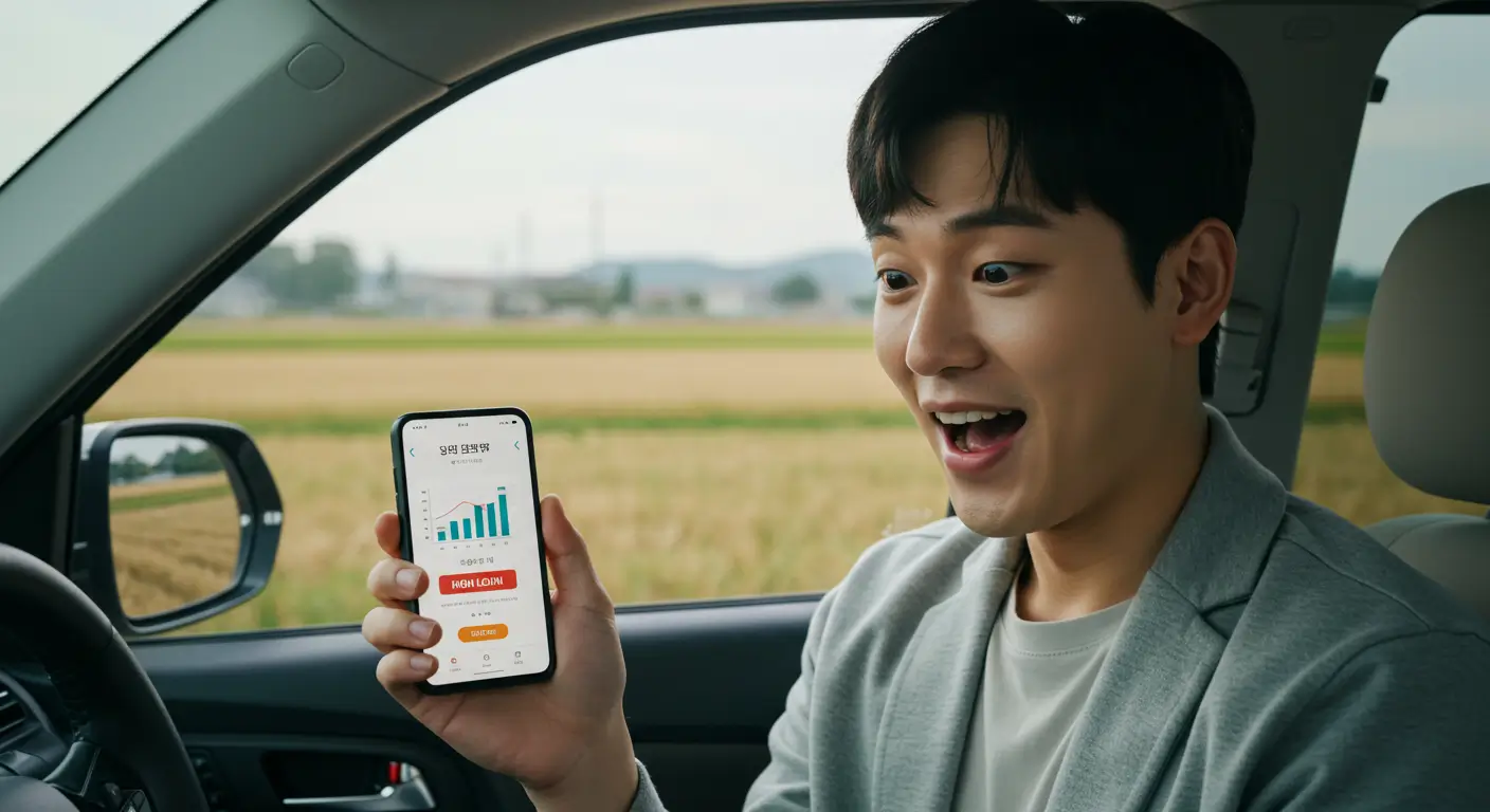 스마트폰으로 자신의 토지 공유지분 대출 예상 한도를 확인하고 만족하는 모습