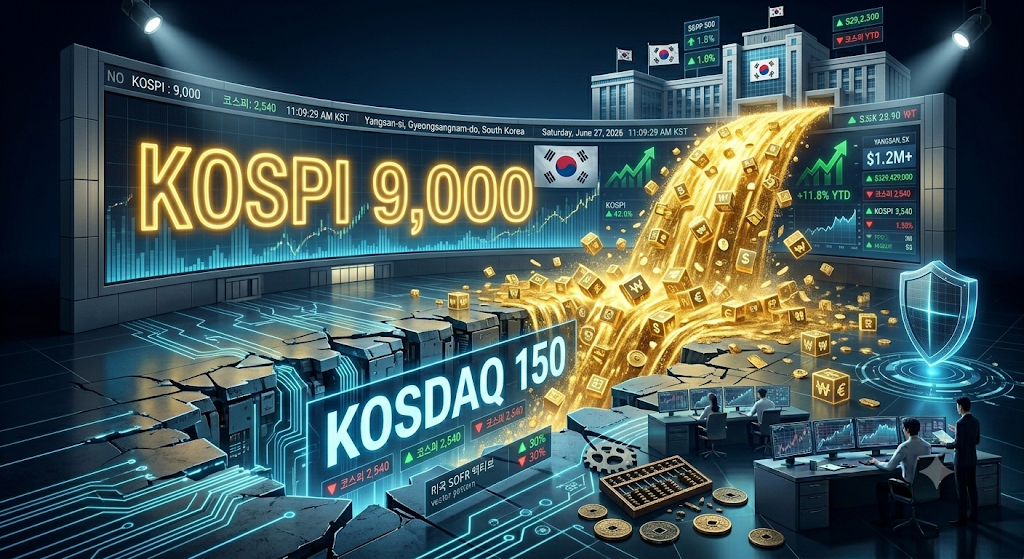 2026년 6월 27일 토요일 아침, 코스피 9,000선 돌파 전광판 아래서 소외됐던 코스닥 150 시장 위로 7월 거대 정책 자금 150조 원의 거대한 황금 마그마 물줄기가 쏟아져 들어오며 상방이 활짝 열리는 대전환을 묘사한 고밀도 3D 거시경제 쇼크 인포그래픽