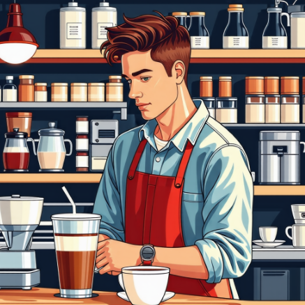 카페에서 바리스타 아르바이트를 하고있는 아르바이트 남자대학생 (일러스트 그림체)