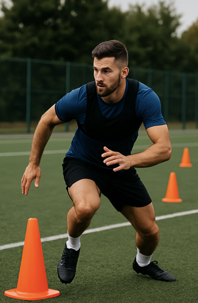 운동장 위에서 콘을 향해 스프린트하는 남성 축구 선수. 진지한 표정과 역동적인 자세로 민첩성 훈련 중인 모습을 보여준다