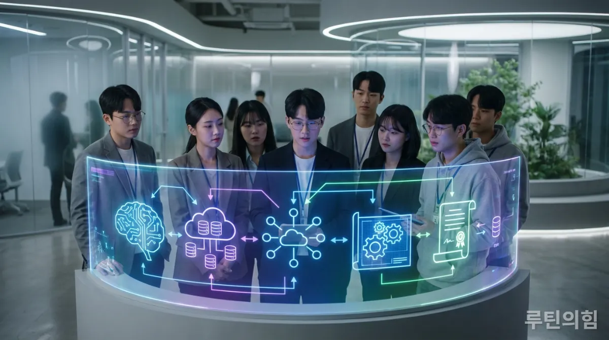 2026년 AI, 데이터 등 디지털 기반 자격증 트렌드를 보여주는 홀로그램 디스플레이