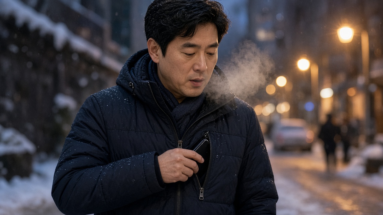 패딩 안주머니에서 스마트폰을 꺼내는 40대 한국인 남성