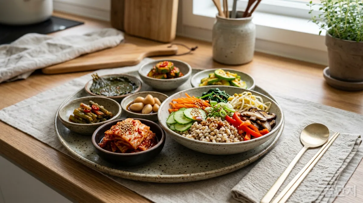 식이섬유와 프로바이오틱스가 풍부한 건강한 한식 상차림