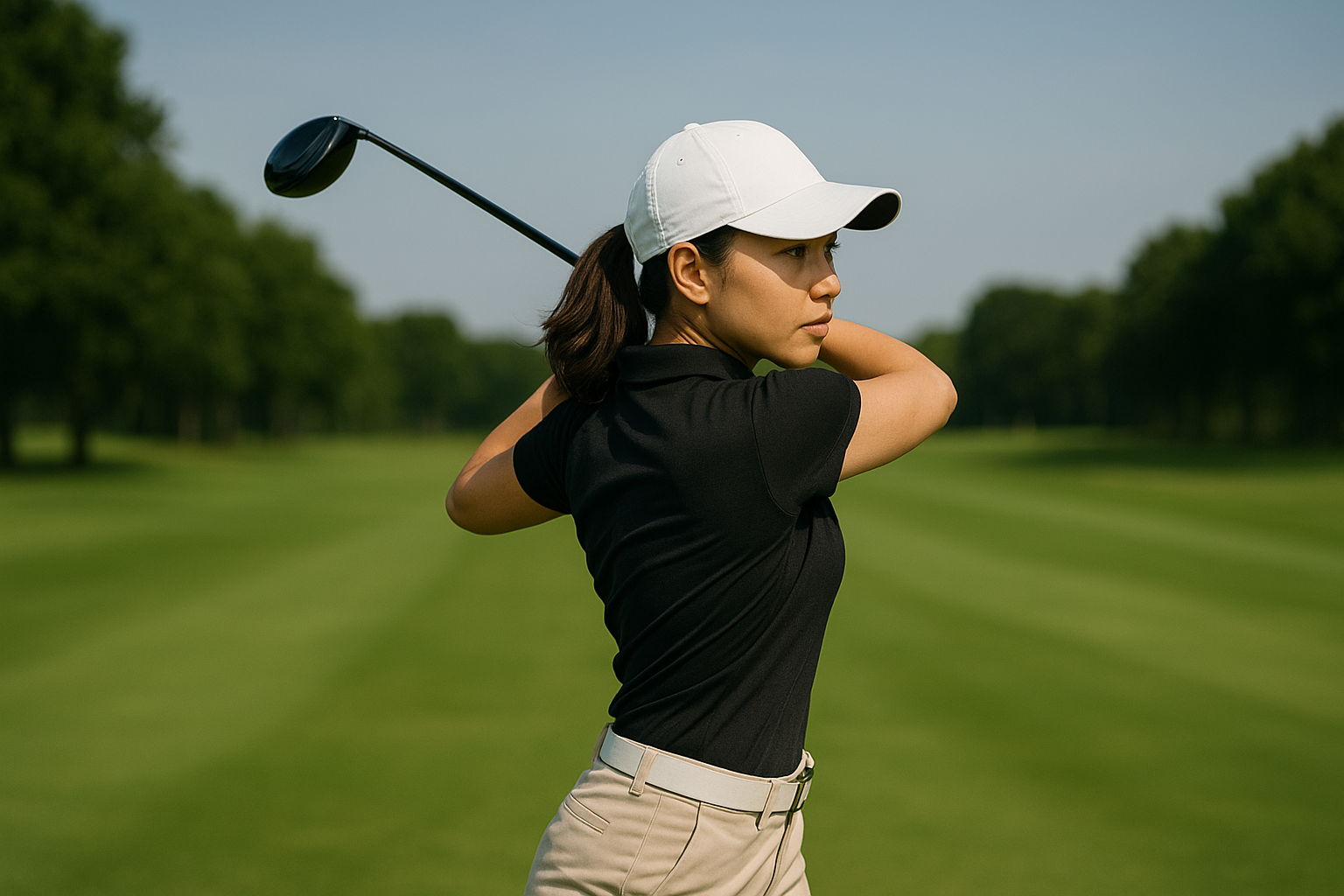 프로 여성 골퍼의 멋진 드라이버 백스윙 연습 모습