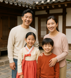 청주 한옥집에서 기념촬영 하고 있는 가족 모습