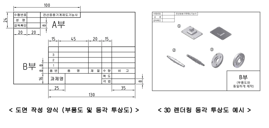 전산응용기계제도기능사-공개분제-도면-양식-투상도-예시