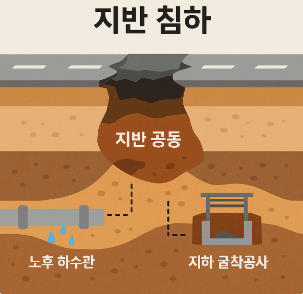 땅꺼짐 현상의 원인을 설명하는 지반침하 단면도 일러스트. 지하의 공동이 노후 하수관 누수와 지하 굴착공사로 인해 형성되어 지표면이 침하되는 과정을 시각적으로 보여준다.