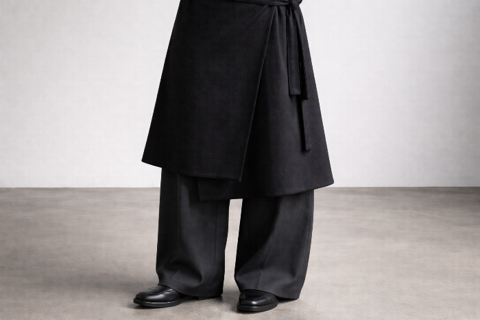 한국 스트릿 패션의 핵심 기법인 팬츠 위 스커트 레이어드 스타일링 디테일.