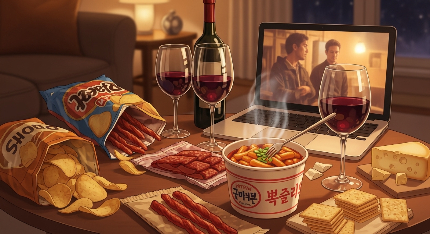 편의점 안주와 함께 와인을 즐기는 홈술 장면