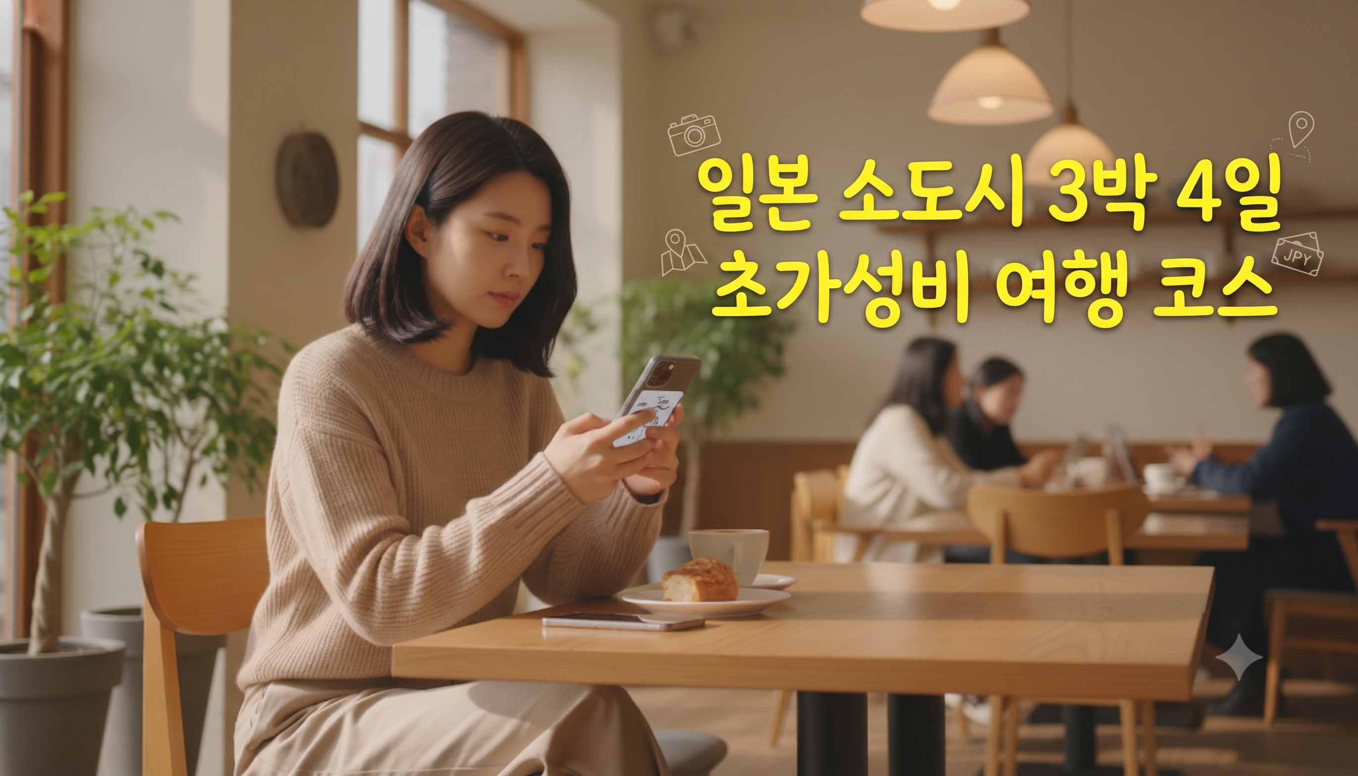 한국 카페에서 스마트폰으로 항공권을 검색하는 여행객의 모습