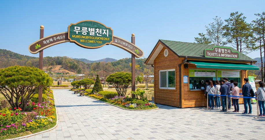 깔끔하게 정돈된 매표소 및 주차장 전경
