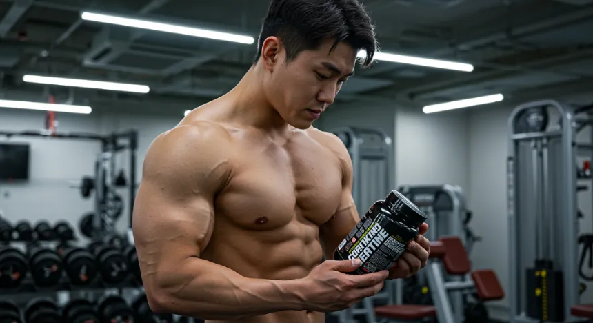 크레아틴 보충제 영양정보를 살펴보는 남자 이미지