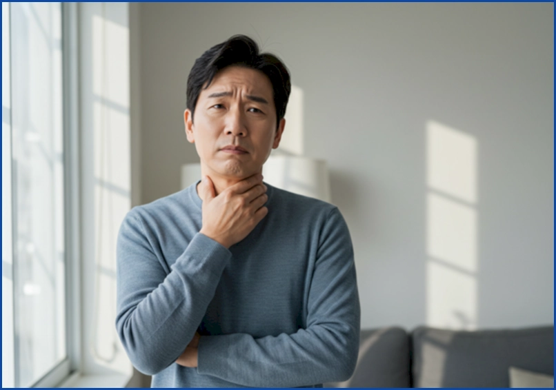 몇 주째 계속되는 만성 기침과 호흡곤란으로 걱정하는 중년 한국 남성의 모습, 천식 초기 증상 의심