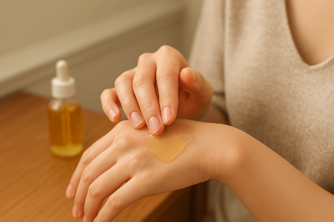 손등에 호호바오일을 바르고 흡수시킨 직후의 발림성 리뷰 예시. 끈적임 없는 산뜻한 마무리 강조