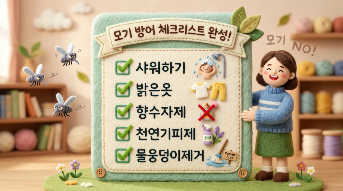 샤워하기, 밝은옷, 향수자제, 천연기피제, 물웅덩이제거 항목이 체크된 펠트 보드를 자랑스럽게 들고 있는 캐릭터, 패배한 모기들과 '모기 방어 체크리스트 완성' 배너, 니들 펠트 스타일