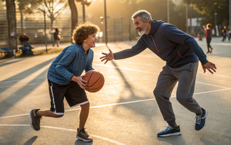 부자지간에 농구경기를 하면서 소통하는 모습