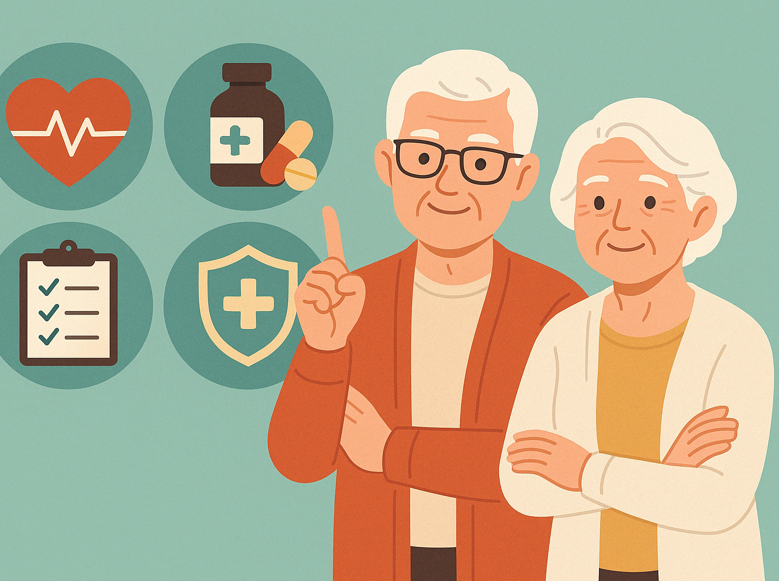 60대 부모님 건강 관리를 위해 몇 가지 중요한 사항을 확인하는 모습