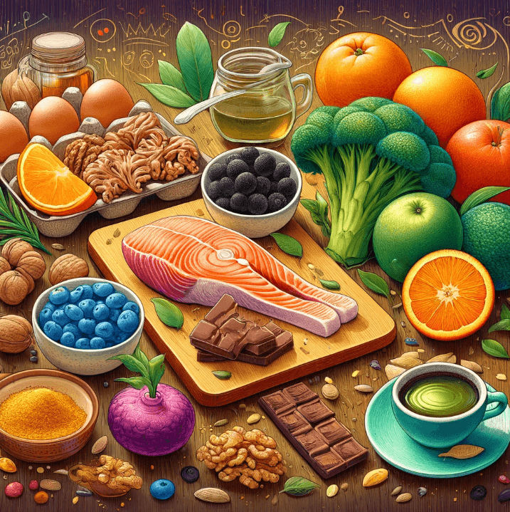 뇌 기능을 향상시키는 10가지 음식, 생선, 블로베리, 강황, 브로콜리, 호박씨, 다크 초콜릿, 오렌지, 계란, 견과류, 녹차 이미지