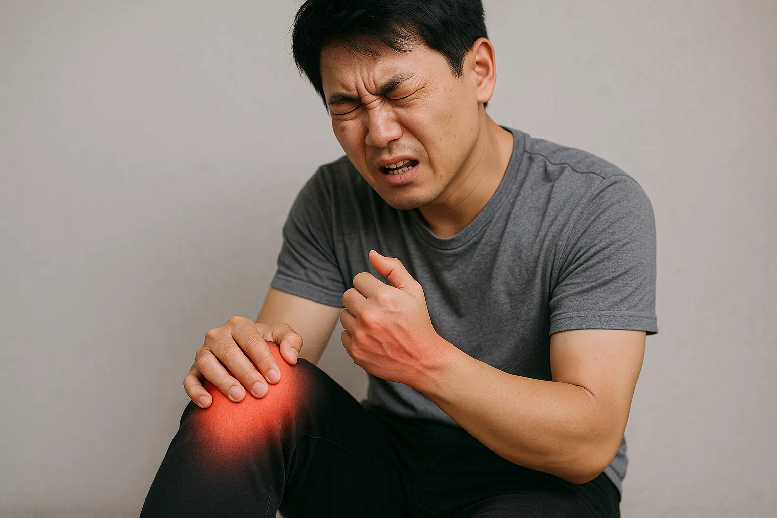 붉게 부어오른 무릎 관절과 손목 관절을 잡고 통증을 느끼는 사람