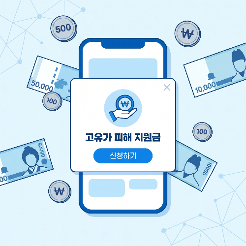 스마트폰 화면에 '고유가 피해지원금 신청 완료' 알림이 떠 있고 주변에 한국 화폐 기호가 흩날리는 현대적인 디지털 일러스트. 정부 정책의 신뢰감을 주는 푸른색 톤의 디자인.]