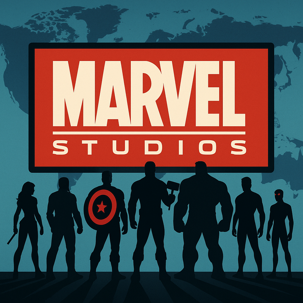 마블 히어로들이 대형 스크린 앞에 집결한 모습