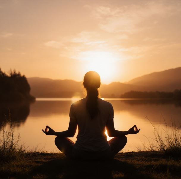 일출을 배경으로 한 평화로운 자연 속에서 명상하고 있는 사람의 모습