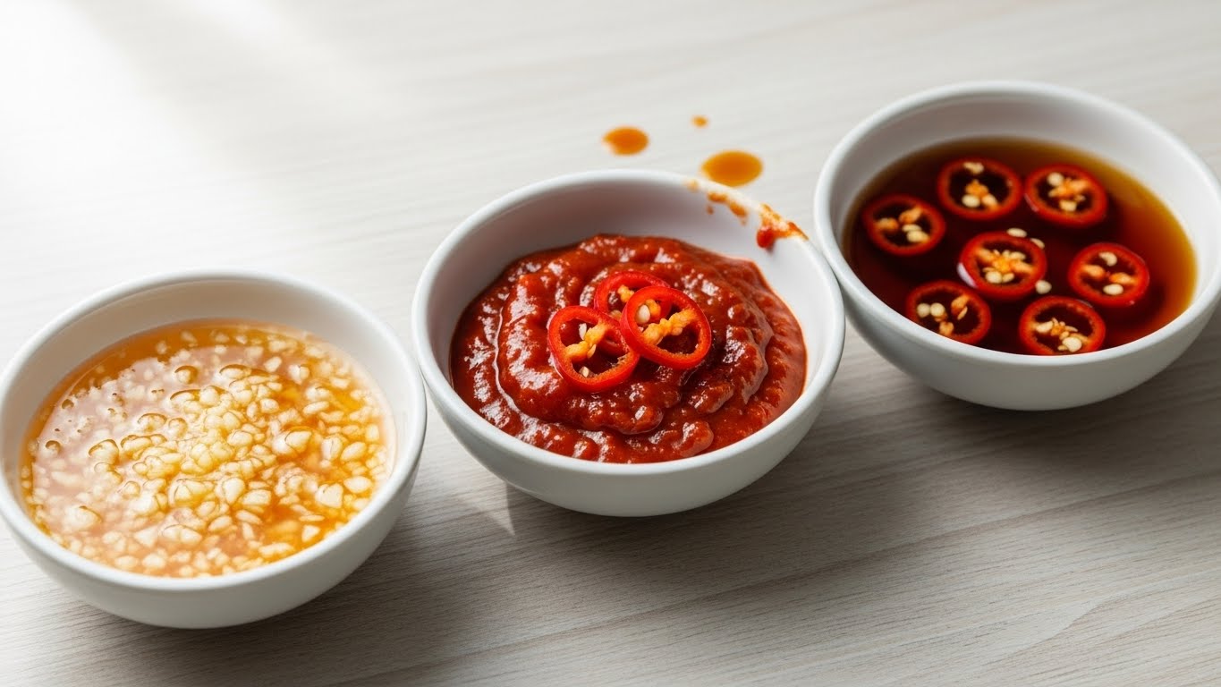 새우-소스와-마늘,-고추를-곁들인-한국식-쌈장,-얇게-썬-고추를-곁들인-간장-식초 디핑-소스가-담긴-작은-그릇-세-개가-깔끔하게-정리되어-있습니다.