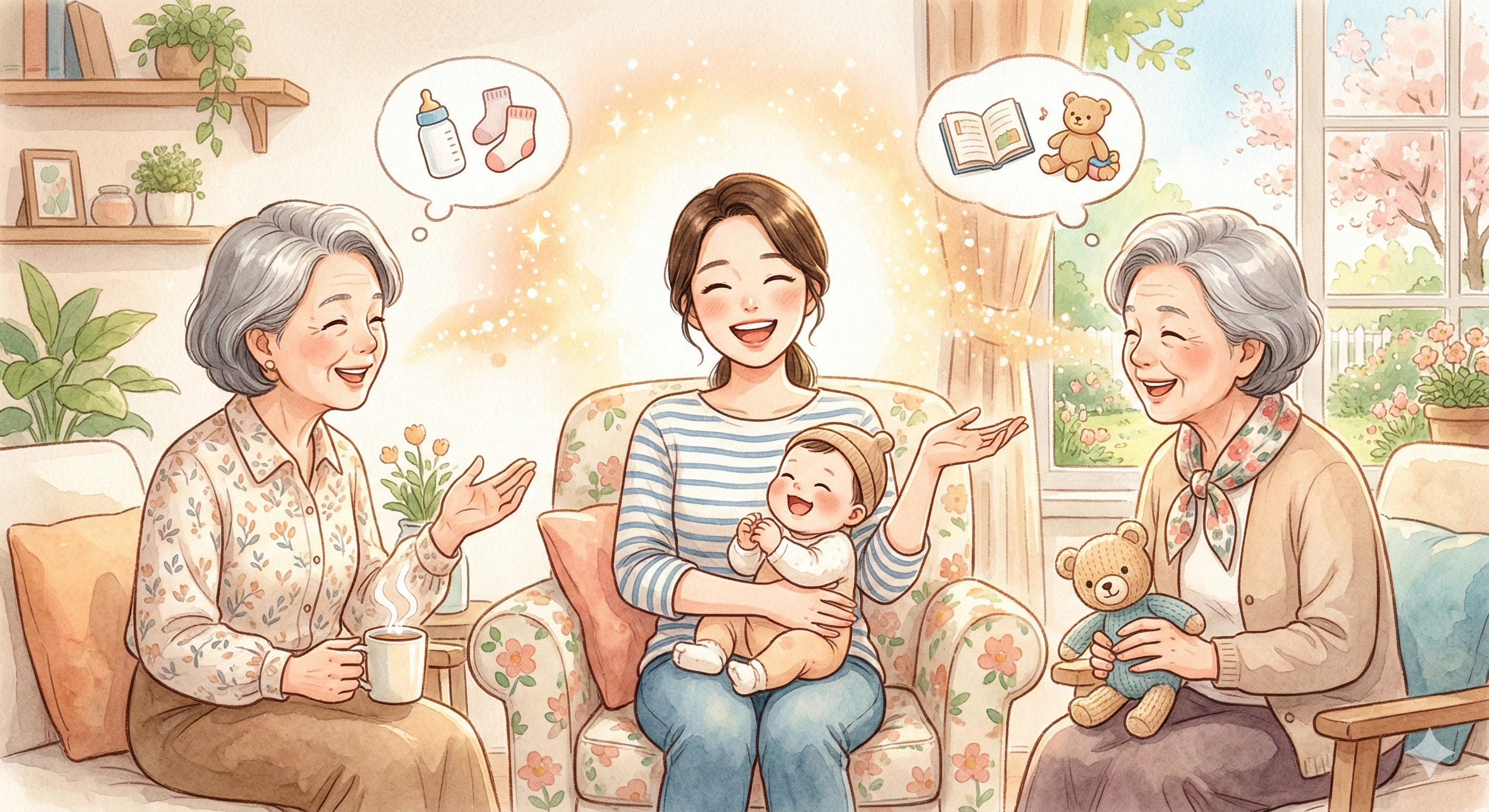 시어머니와 친정어머니의 육아 조언을 웃으며 지혜롭게 받아들이는 밝고 따뜻한 분위기의 수채화 삽화