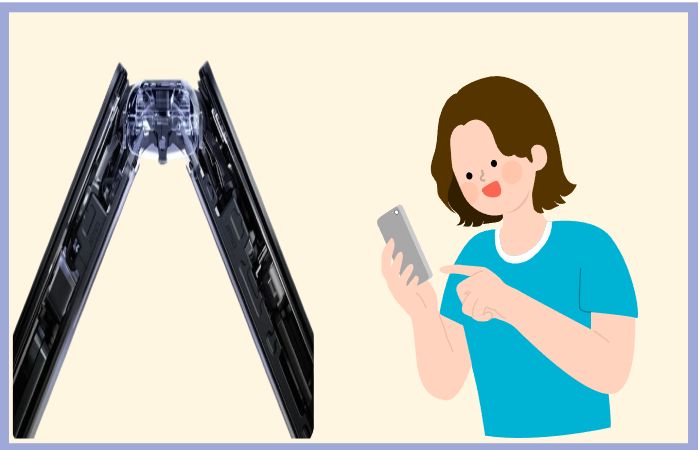 접히는 스마트폰 내부 구조가 드러난 모습과 스마트폰을 보며 지원금을 확인하는 여성의 일러스트 단통법 폐지 이후 지원금 조건을 살펴보는 장면