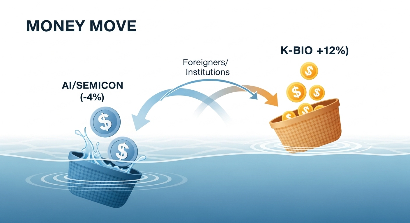 'AI/반도체(-4%)'와 'K-바이오(+12%)'가 그려진 시소(seesaw)가 'K-바이오' 쪽으로 완전히 기운 이미지 (머니 무브)