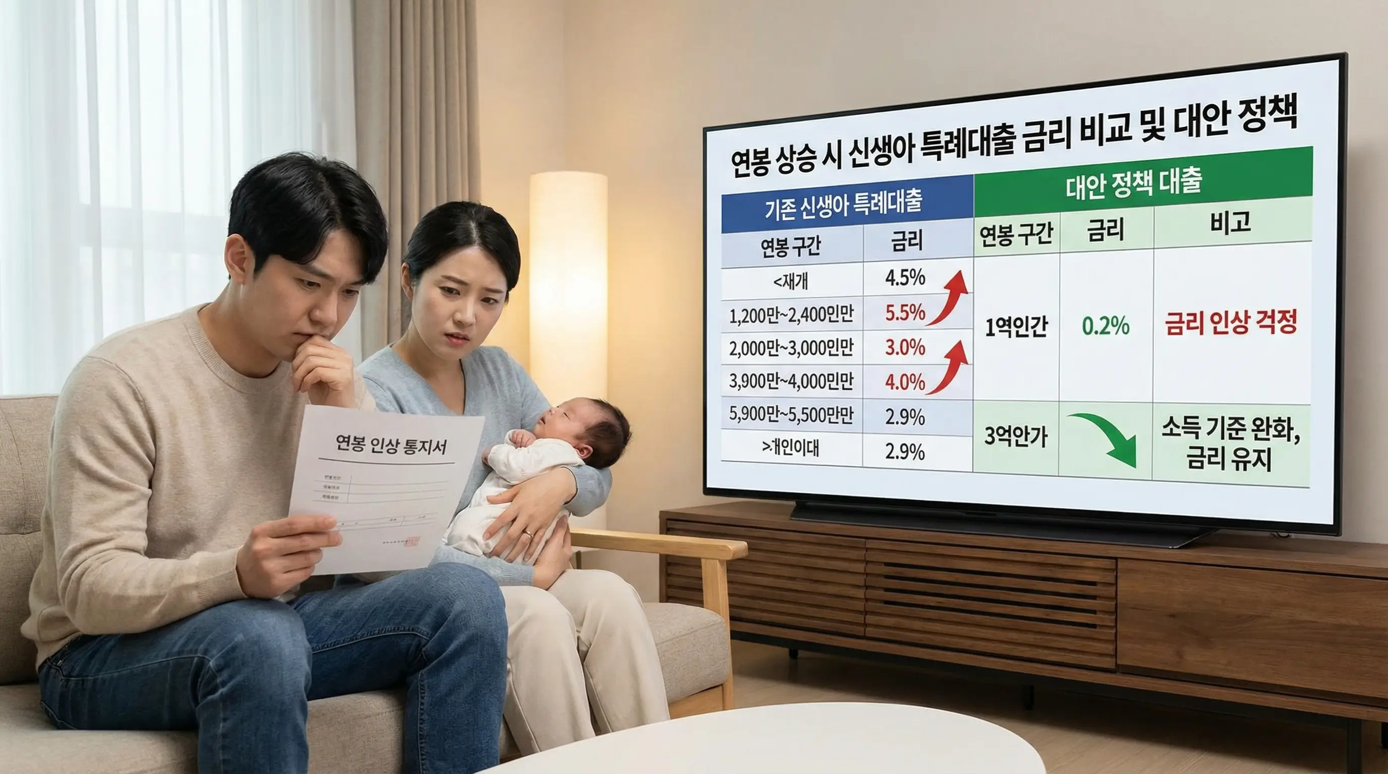 연봉 상승으로 인해 신생아 특례대출 금리가 오를까 걱정하는 부모의 모습과 이를 해결할 정책 대출 비교표