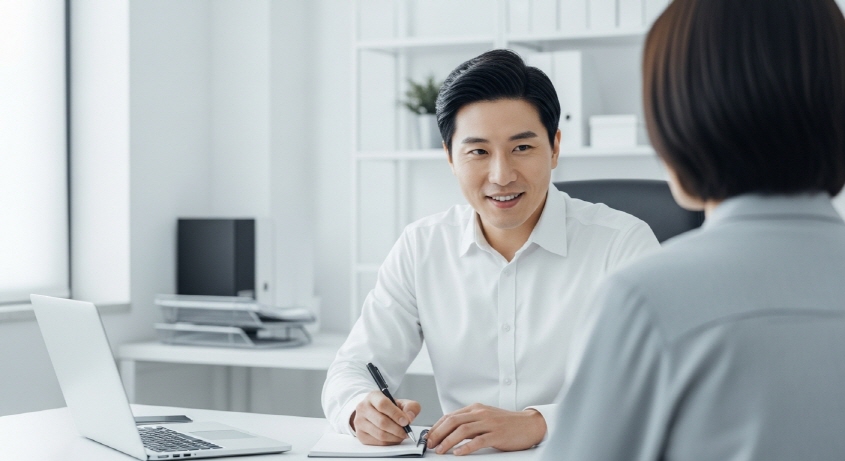 상담사가 기록 중인 장면