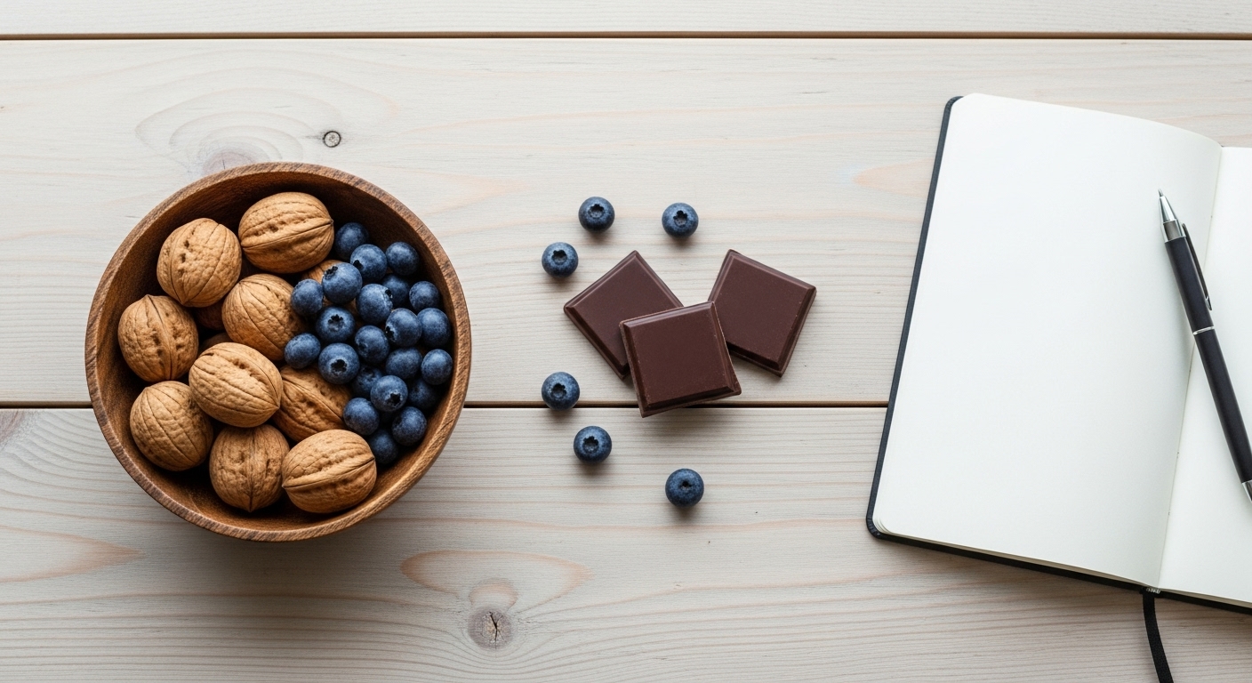 뇌 건강에 좋은 간식인 호두, 블루베리, 다크초콜릿 이미지